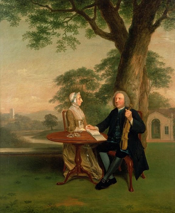 Gentleman with Violin and his Wife, possibly Thomas Strakie, Mayor of Preston. Arthur William Devis