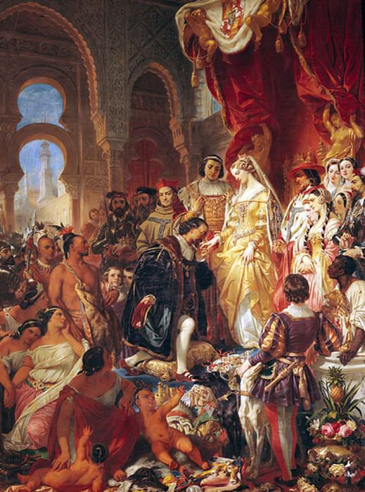 Приём Христофора Колумба (1450-1506) Фердинандом II (1452-1516) Арагонским и Изабеллой. Эжен Франсуа Мари Жозеф Девериа