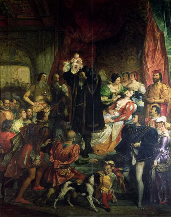 The Birth of Henri IV (1553-1610) at the castle of Pau, 13th December 1553. Eugene Francois Marie Joseph Deveria