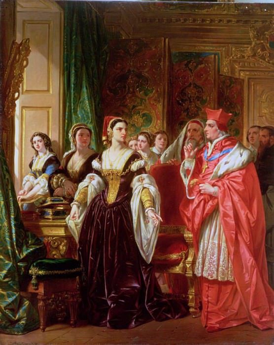 A Scene from Shakespeares Henry VIII; Cardinal Wolsey and Katherine of Aragon. Eugene Francois Marie Joseph Deveria