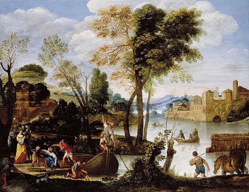 Italianate river landscape with poling boatman and woman with a basket of crabs. Domenichino (Domenico Zampieri)