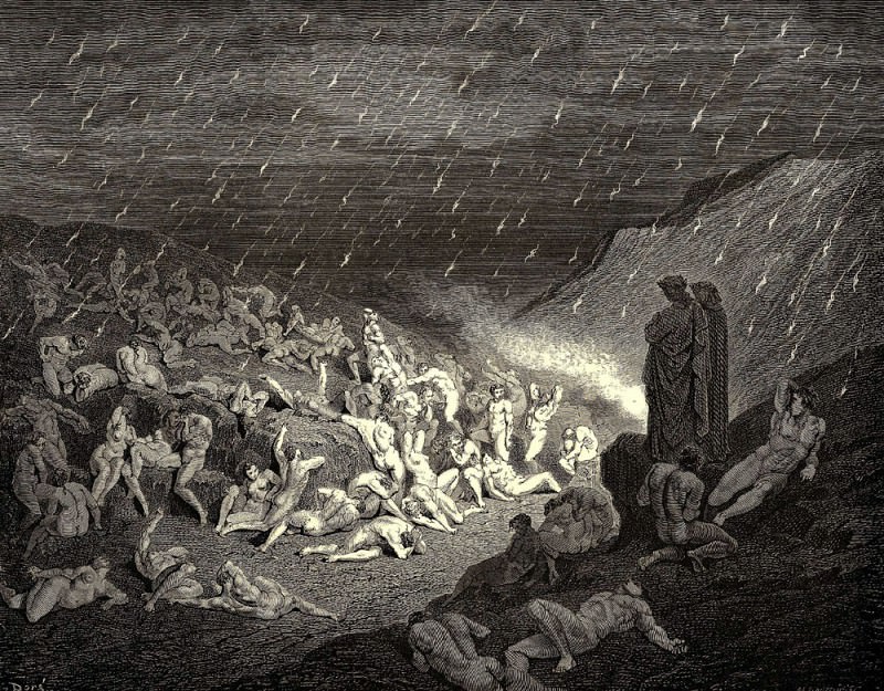 Ever and ever their hands tried to get rid of these flames. Gustave Dore