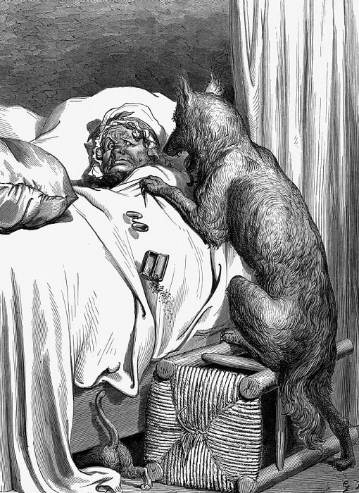 He sprang unpon the old woman and ate her up. Gustave Dore