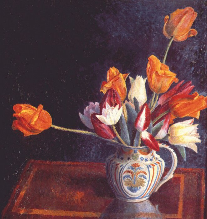 tulips in a staffordshire jug. Dora Carrington