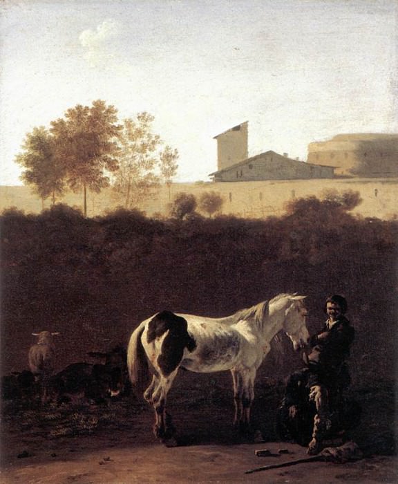 Italian Landscape with Herdsman and a Piebald Horse. Karel Dujardin