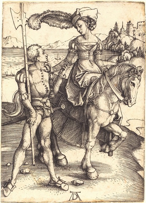 Lady riding and landsknecht. Durer Engravings