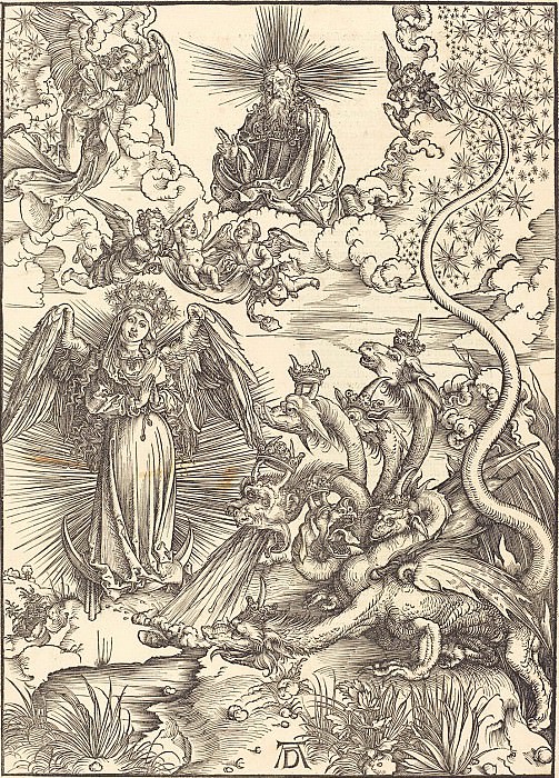 Woman Sun and seven-headed dragon. Durer Engravings