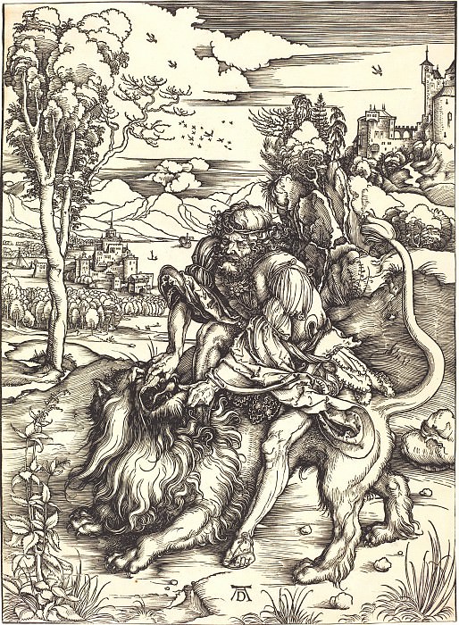 Samson slaying the lion. Durer Engravings