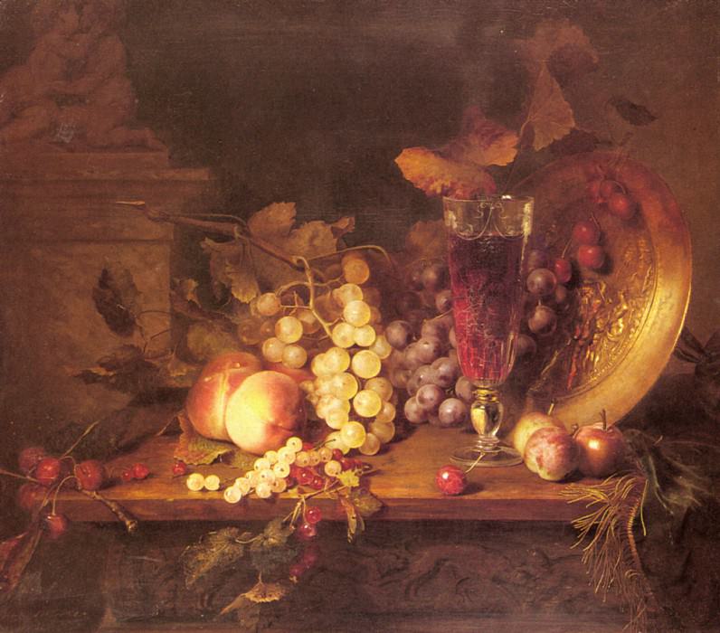 Натюрморт с фруктами, бокалом вина и бронзовым сосудом на полочке. Блез Александр Дегофф