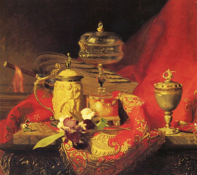 Натюрморт с ирисом и сосудами на красной декоративной ткани. Блез Александр Дегофф