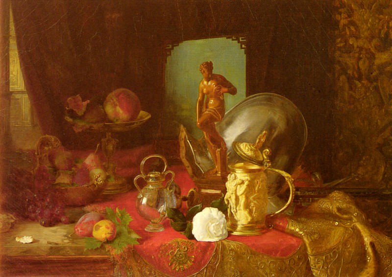 Натюрморт с фруктами, произведениями искусства и белой розой на столе. Блез Александр Дегофф