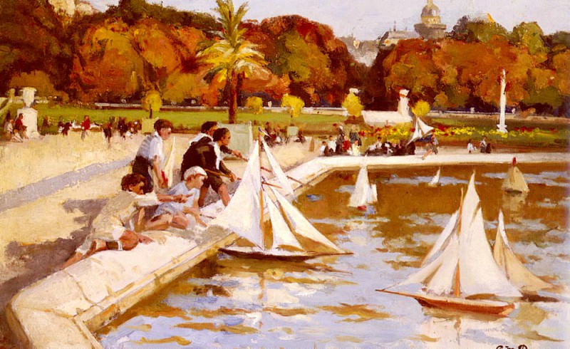 Dupuy Paul Michel Children Sailing Their Boats In The Luxembourg Gardens, Paris. Paul Michel Dupuy