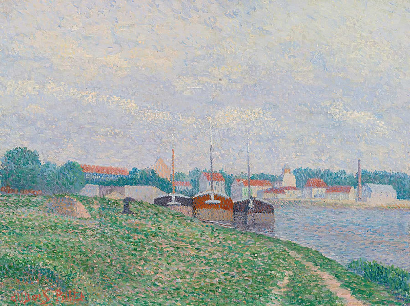 Three barges moored on the outskirts of an industrial town; Trois Péniches Amarées Aux Abords D’une Ville Industrielle. Albert Dubois-Pillet