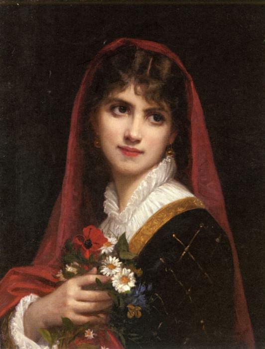 A Young Beauty Wearing A Red Veil. Gustave Doyen
