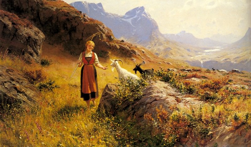Альпийский пейзаж с пастушкой и козами. Ханс Даль