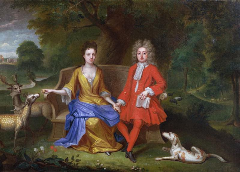 Portrait of Sir Charles Shuckburgh and his wife, Diana, with Shuckburgh Hall, Warwickshire in the background. Adriaen van Diest
