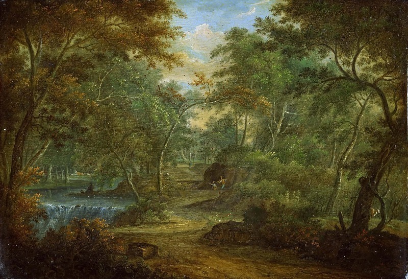 Лесной пейзаж с ручьём и рыбаком