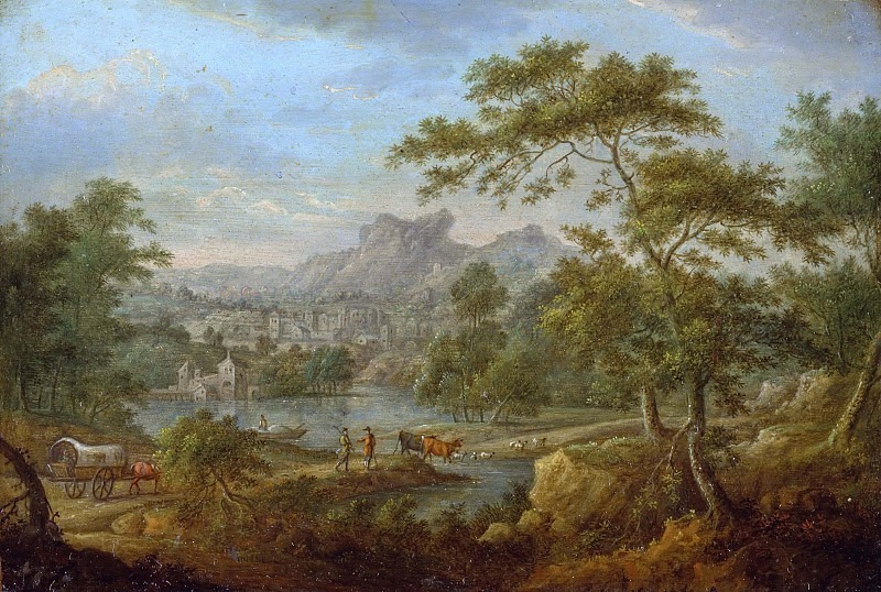 Воображаемый пейзаж с повозкой и видом на город вдалеке. Томас Смит из Дерби