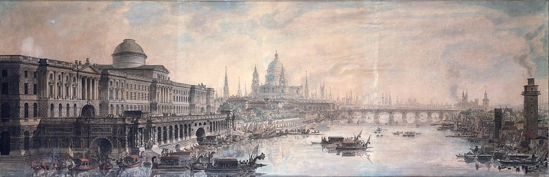 Somerset House, Saint Paul’s Cathedral and Blackfriar’s Bridge. Louis Jean Desprez