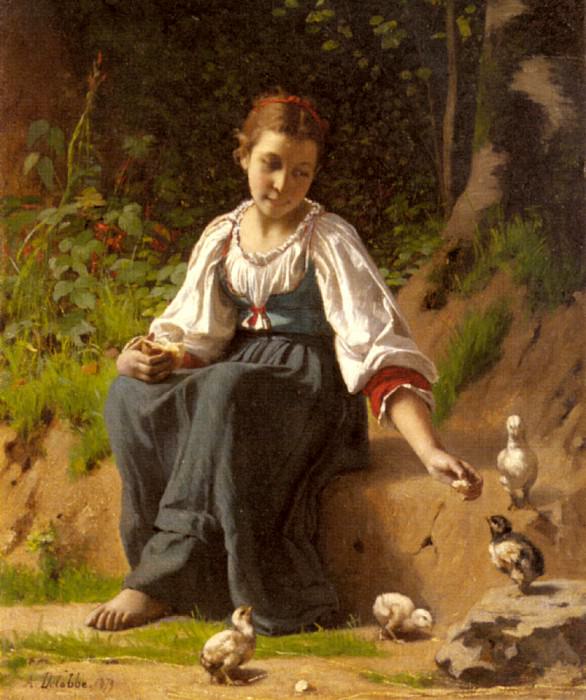 A Young Girl Feeding Baby Chicks. Francois Alfred Delobbe