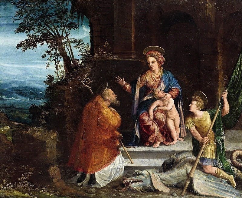 Madonna and Child. St. George and a holy bishop (St. Maurilius). Battista Dossi (Battista de Luteri)