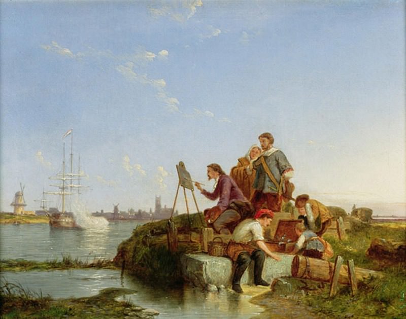 Художник перед своим мольбертом и корабли на занем плане. Питер Кристиан Корнелис Доммельшуйцен
