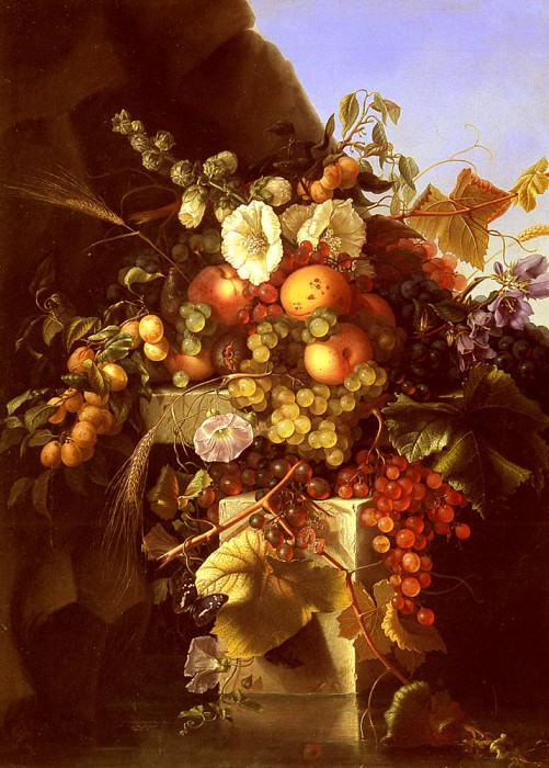 Dietrich Adelheid Still Life With Grapes Peaches Flowers And A Butterfly. Адельхайд Дитрих
