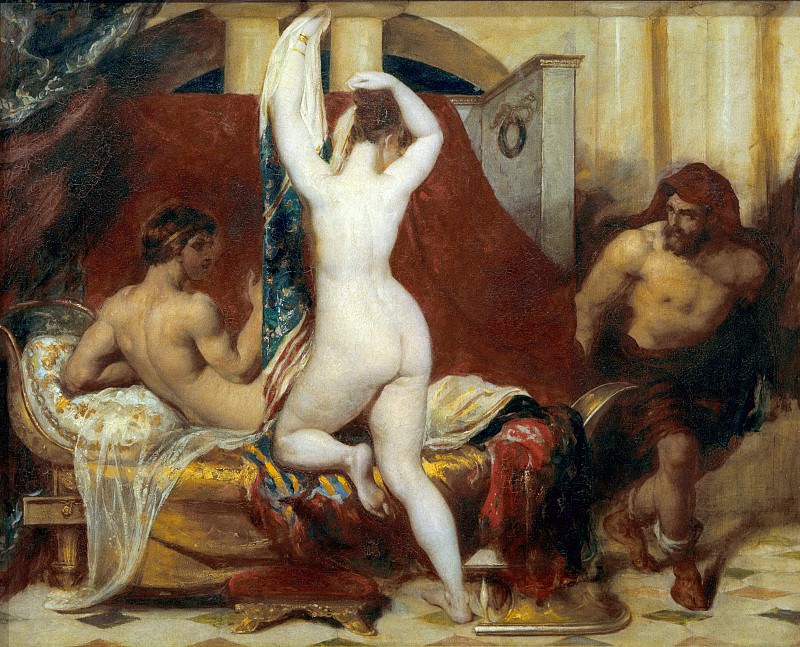 Candaulus, king of Lydia, shews his wife by stealth to Gyges. William Etty