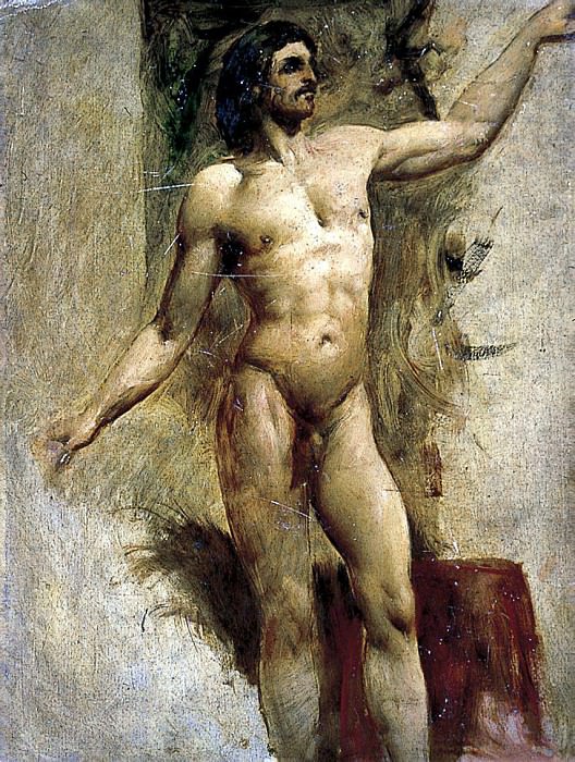 Bearded male nude with left arm raised. William Etty
