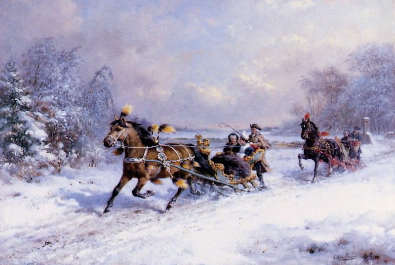 Лошади и сани на снегу. Отто Эрельман