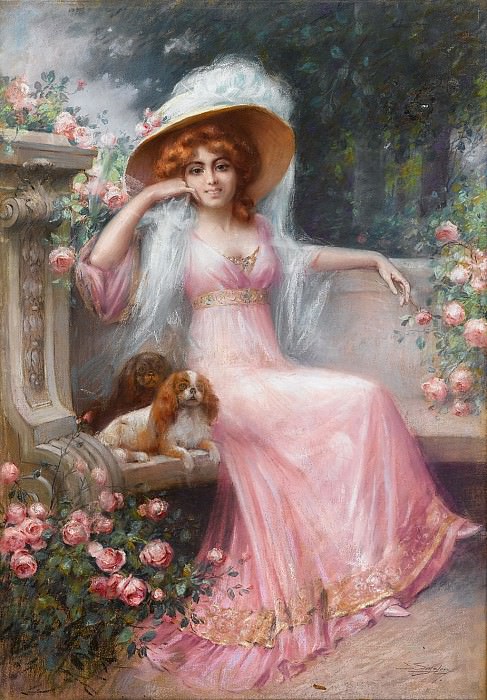 An Elegant Lady With Her Cavalier King Charles Spaniels. Delphin Enjolras
