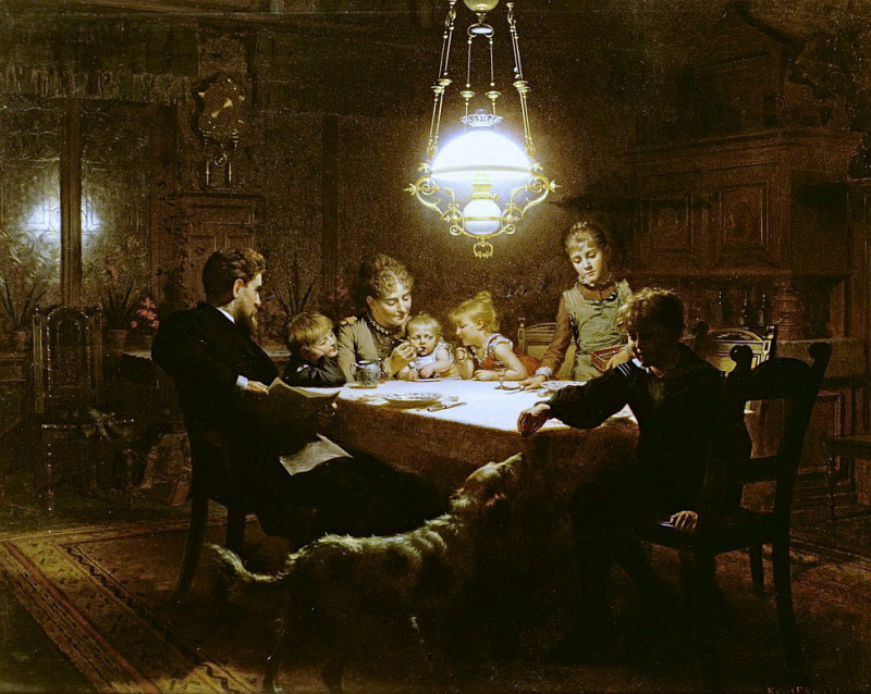 Family supper in the lamp light. Knut Ekwall