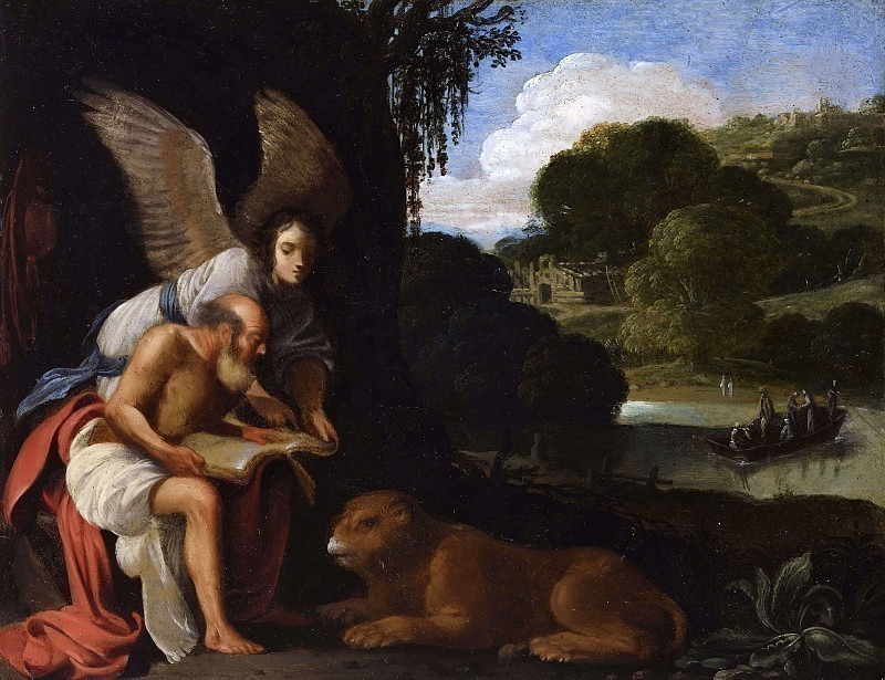 San Gerolamo and an angel in a landscape with the miraculous catch of fish [after]