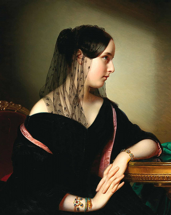 Portrait Of A Young Lady In Profile With An Enamelled Bangle, A Snake Bracelet And A Bracelet With Turquoises. Anton Einsle
