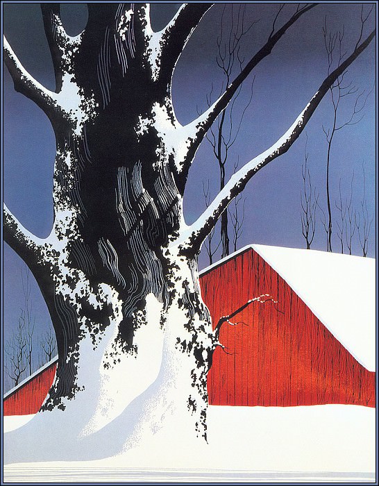 Red Barn and Tree Snow. Eyvind Earle