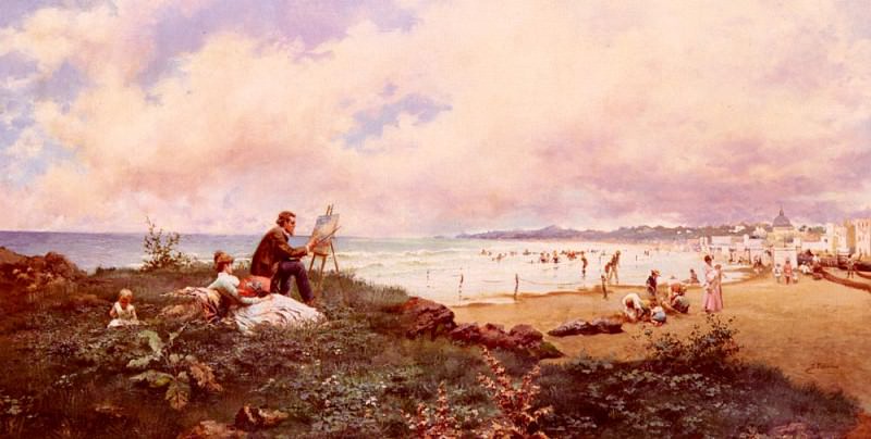 The Artist And His Family On The Beach At Biarritz. Jose Echena