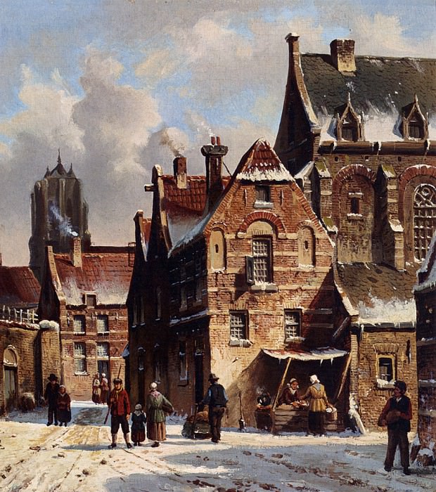 Figures In The Streets Of A Wintry Town. Adrianus Eversen