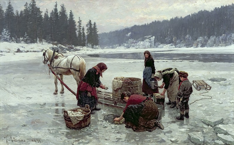 Women doing laundry through a hole in the ice. Jahn Ekenæs