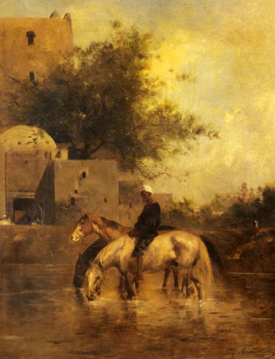 Horses Watering In A River. Eugene Fromentin
