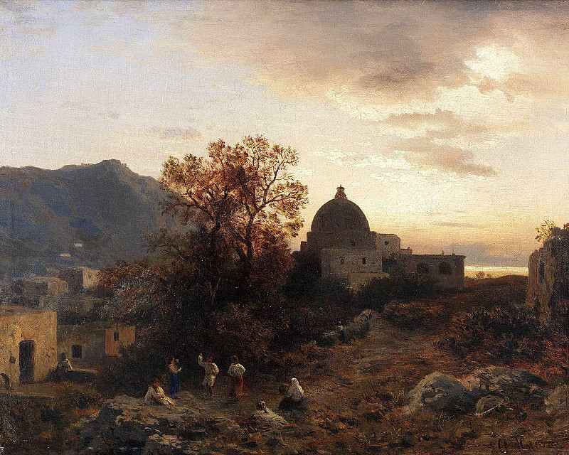 Evening atmosphere on the Italian coast with dancing figures; Abendstimmung an der italienischen Küste mit tanzenden Figuren. Albert Flamm