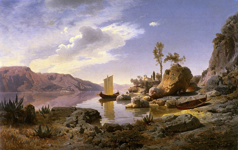 Italian landscape by the mountain lake; Italienische Landschaft Am Gebirgssee. Albert Flamm