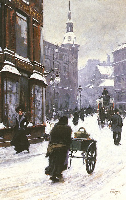 A Street Scene In Winter, Copenhagen SND 1901 O B 40.6 by 26cm. Paul Fisher