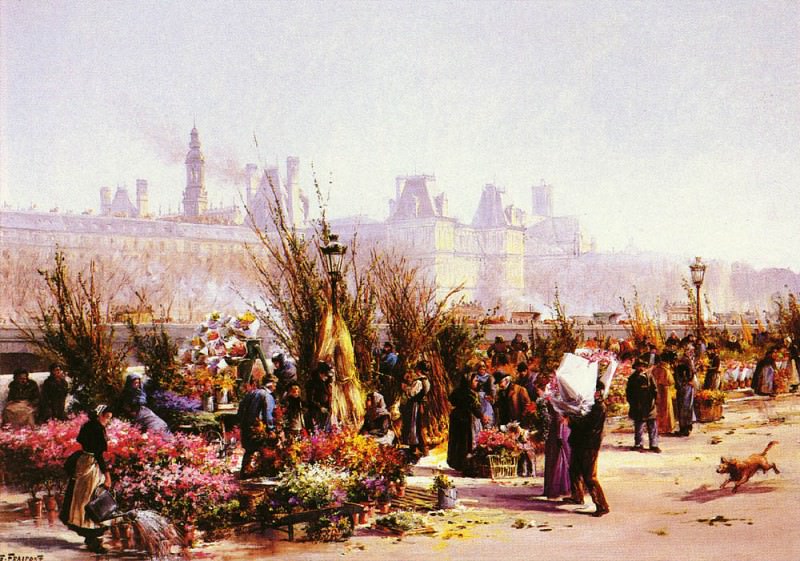 Fraipont Georges (French) 1873-1912 Le Marche Aux Fleurs A Paris OC 65by92cm. Жорж Фрепон