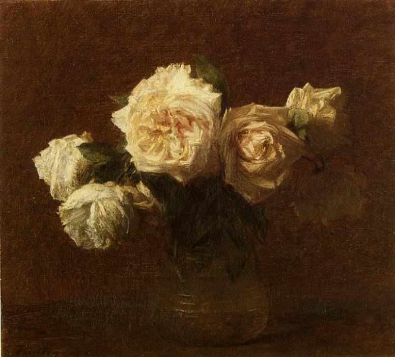 Yellow Pink Roses in a Glass Vase. Ignace-Henri-Jean-Theodore Fantin-Latour