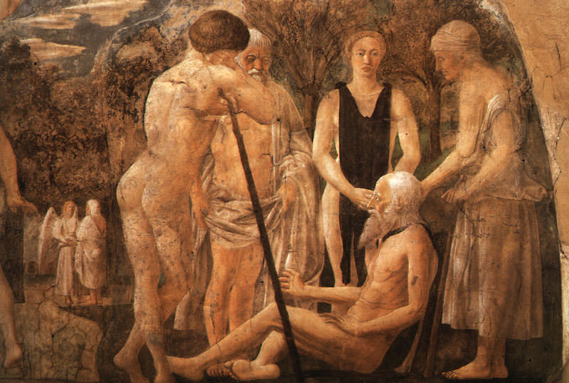 Смерть Адама, 1452; фрагмент - Адам и его дети. Пьеро делла Франческа