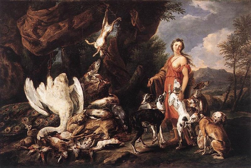 Диана со своими охотничьими собаками рядом с добычей. Ян Фейт