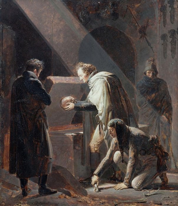 Доминик Вивант Денон (1747-1825) заемняет кости Ле Сида в его могиле. Александр Эварист Фрагонар