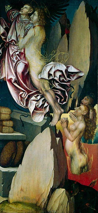 Bugnon altarpiece, left hand panel depicting the deliverance of a soul from purgatory. Hans Fries