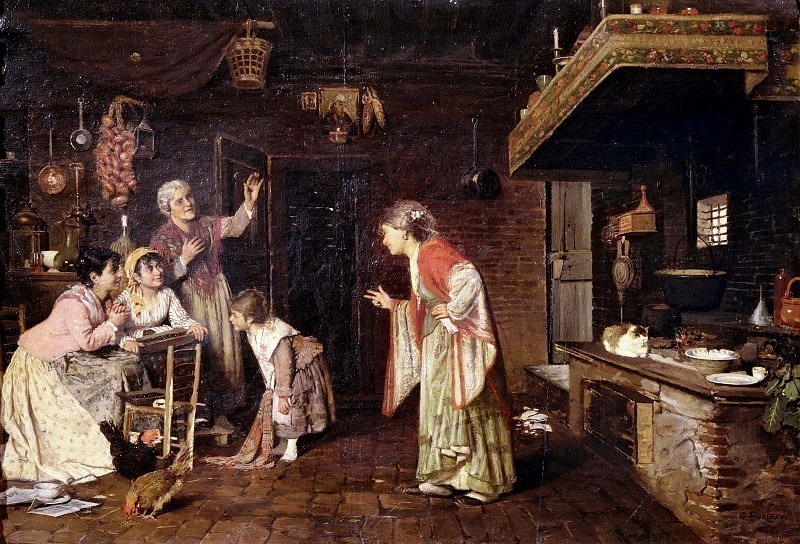 Conversation between women and girls in the kitchen of a peasant house
