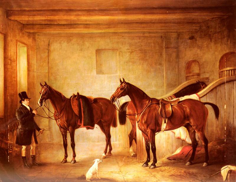 Sir John Thorold Bay Hunters With Their Groom In A Stable. John Ferneley